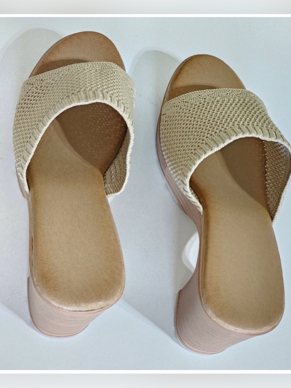 Beige Knit Platform Mule Heels - Women Casual Summer Resort Office Shoes - Picture 8 of 10